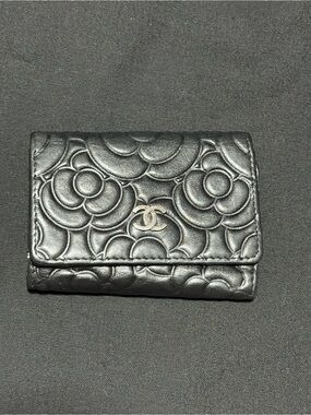 CHANEL Black Camellia-Embossed Leather Small Wallet